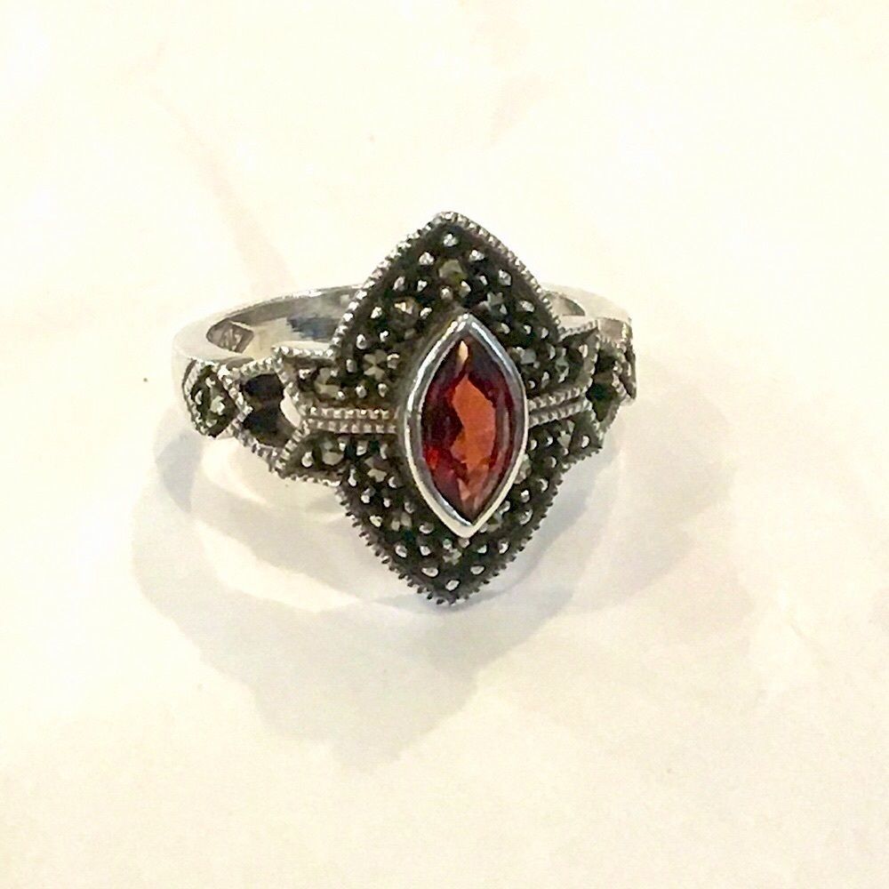 JUDITH JACK Sterling Silver Garnet Marcasite Ring